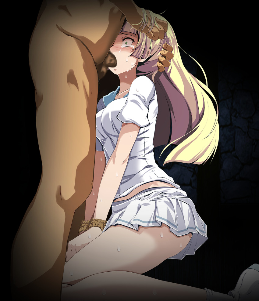 1boy 1girl blonde_hair blush bound bound_wrists censored clothed_female_nude_male constricted_pupils crying crying_with_eyes_open fellatio floating_hair forced green_eyes hands_on_another&#039;s_head head_grab hetero highres kneeling lillie_(pokemon) long_hair midriff miniskirt mosaic_censoring nintendo nude oral penis pleated_skirt pokemon pokemon_sm ponytail rape rope shirt short_sleeves skirt socks solo_focus stone_wall sweatdrop tears tsukishiro_saika very_long_hair wall white_footwear white_shirt white_skirt white_socks
