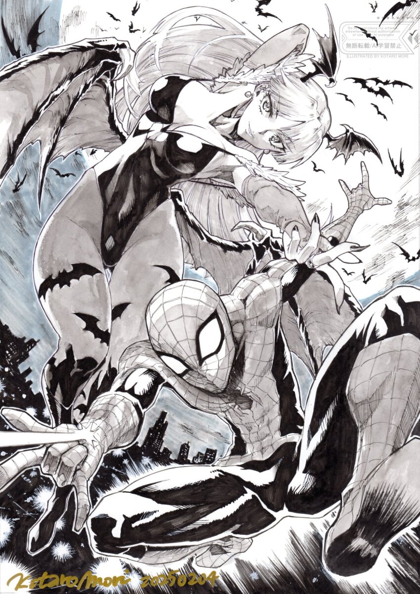 1boy 1girl animal_print bat_(animal) bat_print bat_wings bodysuit breasts bridal_gauntlets building cleavage commission darkstalkers full_moon head_wings highleg highleg_leotard highres large_breasts leotard looking_at_viewer marvel mask monochrome moon mori_kotarou morrigan_aensland night pantyhose red_bodysuit smile spider-man spider-man_(series) spider_web_print superhero_costume traditional_media wings