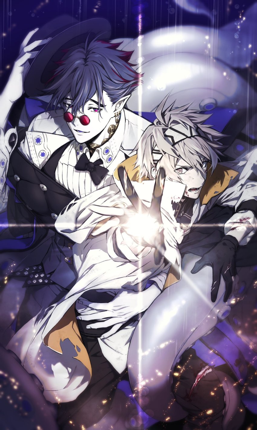 2boys alchemy_stars black_bow black_bowtie black_gloves black_headwear blood blood_on_clothes blood_on_face bow bowtie brown_eyes coat cuts ear_piercing fedora glasses gloves grey_hair hair_between_eyes hat headband highres holding holding_unworn_clothes holding_unworn_hat injury kleken_(alchemy_stars) looking_at_viewer male_focus multicolored_hair multiple_boys navigator_(alchemy_stars) open_mouth pale_skin parted_lips piercing pince-nez pointy_ears purple_eyes purple_hair red-tinted_eyewear red_hair sonomi spiked_hair tinted_eyewear torn_clothes unworn_hat unworn_headwear