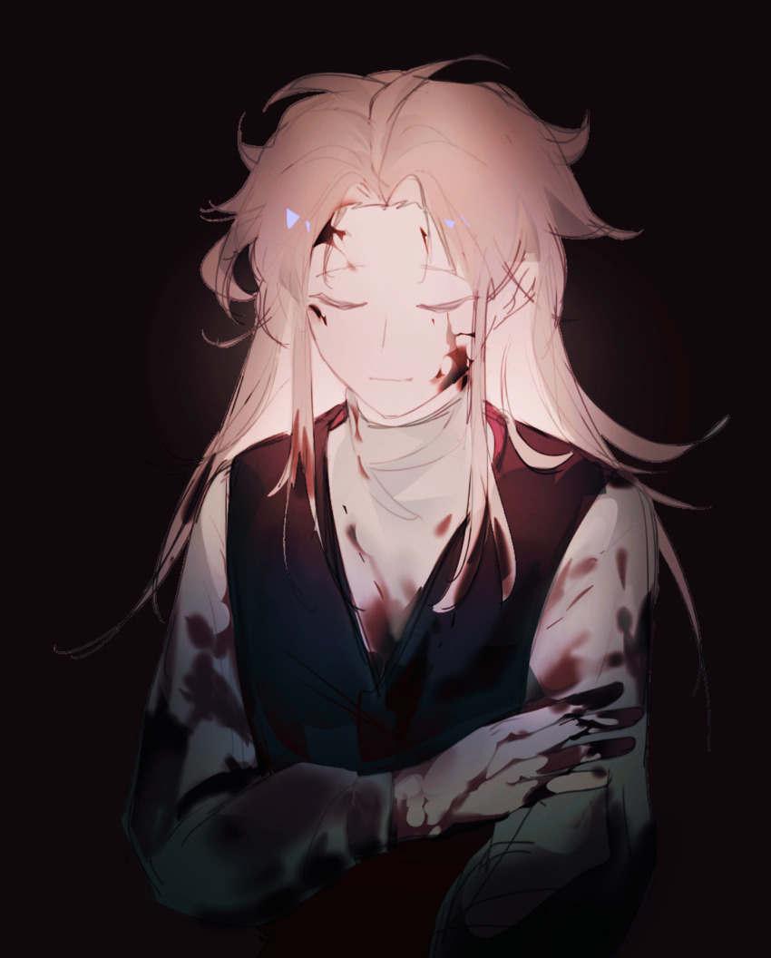 1boy ahoge black_vest blood blood_on_clothes blood_on_face blood_on_hands chinese_commentary closed_eyes closed_mouth commentary_request curtained_hair hand_on_own_arm hatsutori_hajime heibaihuabing highres long_hair long_sleeves male_focus parted_bangs pink_hair red_background saibou_shinkyoku shirt solo upper_body vest white_shirt