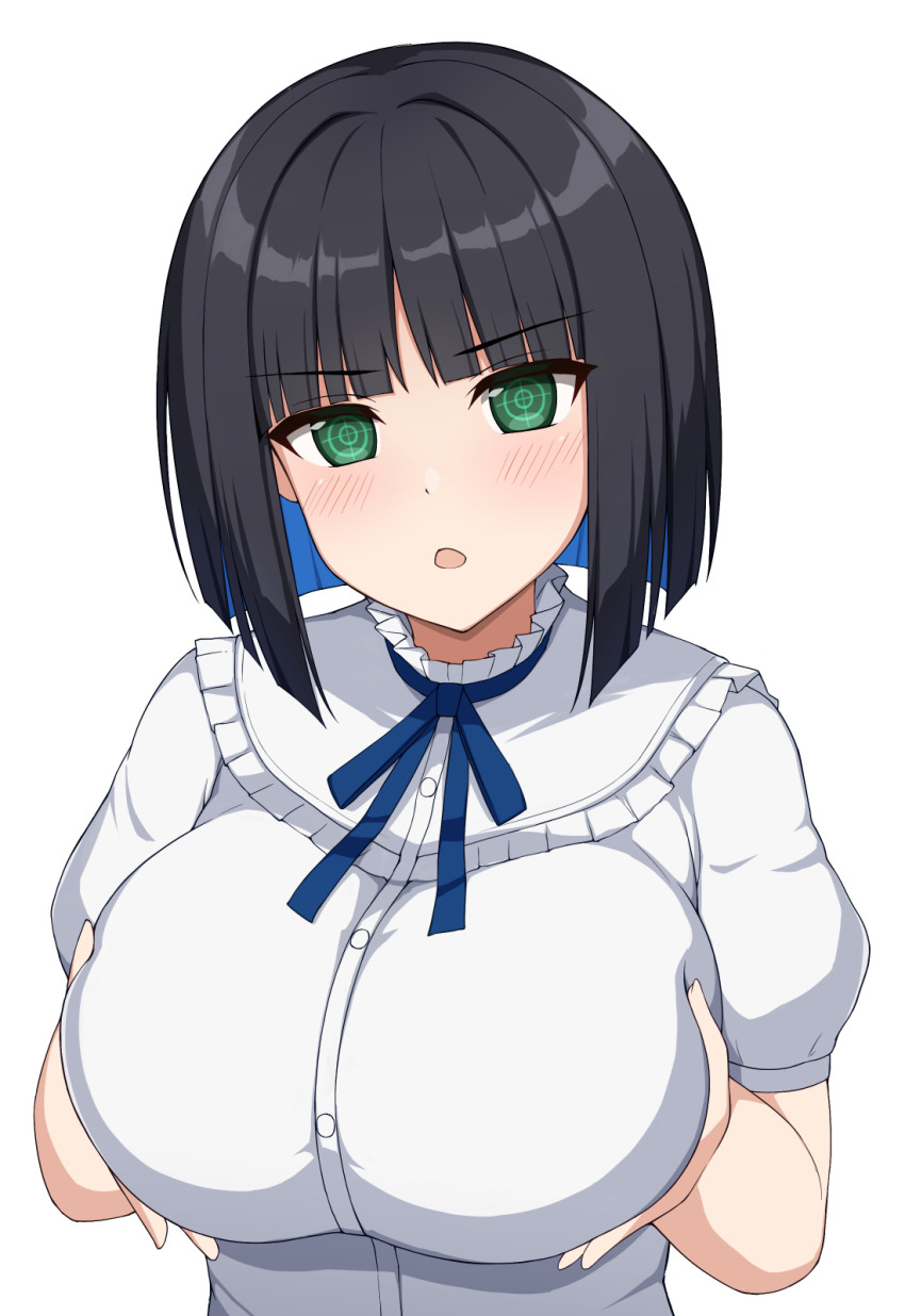 1girl black_hair blue_hair blush breasts colored_inner_hair crosshair_pupils dolphin_wave eines_(dolphin_wave) grabbing_own_breast green_eyes highres large_breasts looking_at_viewer meme multicolored_hair neck_ribbon next_time_you&#039;re_getting_this_(meme) open_mouth puffy_short_sleeves puffy_sleeves ribbon shirt short_hair short_sleeves solo toyo_(c8) white_shirt