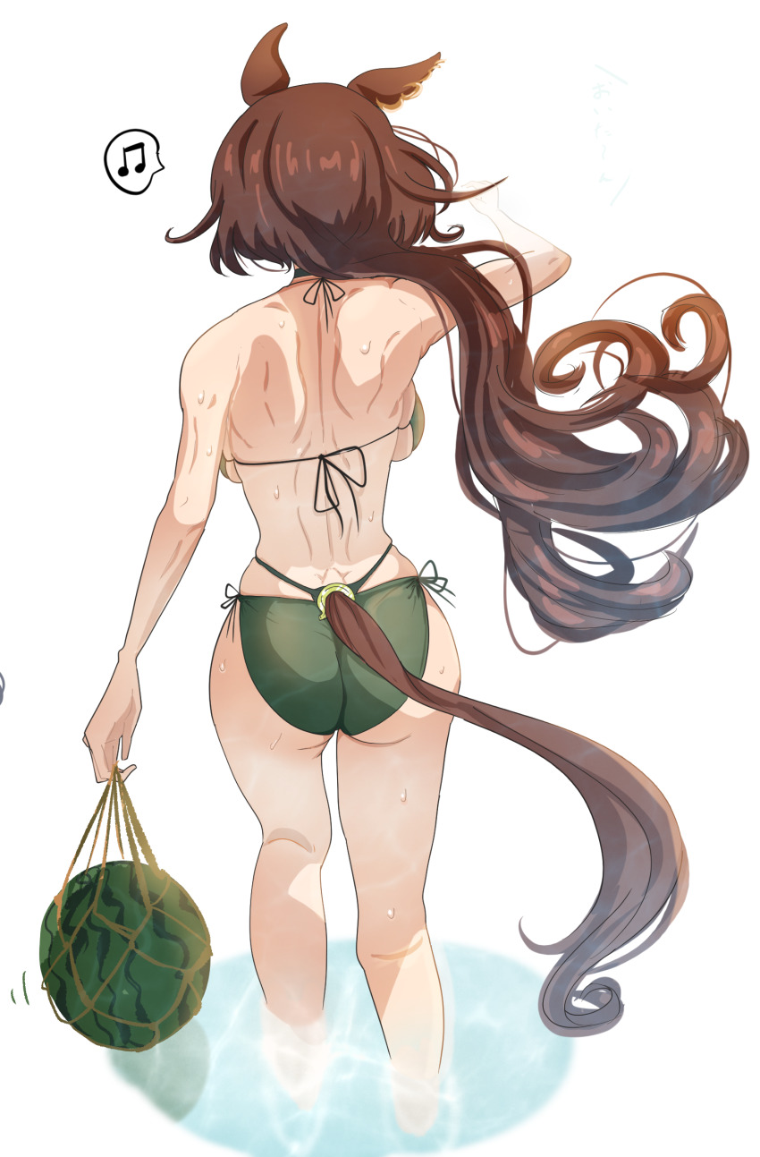 1girl alternate_costume alternate_hairstyle animal_ears ass backboob beamed_eighth_notes bikini breasts commentary_request eighth_note food from_behind fruit green_bikini highres horse_ears horse_girl horse_tail itsuyoitsuyo large_breasts musical_note partially_submerged ponytail shoulder_blades side-tie_bikini_bottom simple_background sirius_symboli_(umamusume) solo spoken_musical_note swimsuit tail umamusume wading water watermelon wet white_background