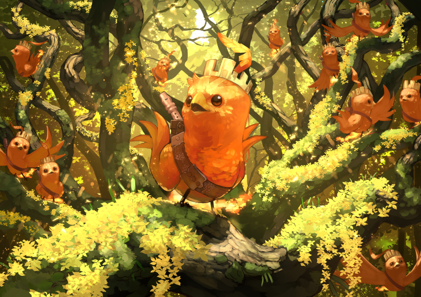 absurdres animal_focus beak bird check_commentary commentary_request crown duel_masters fire flying forest full_body highres looking_at_another nature no_humans open_mouth orange_feathers original outdoors strap sunlight wings yumo80295386