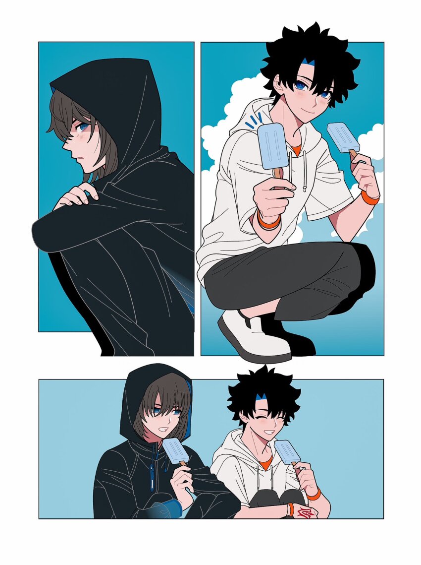 2boys black_hair black_jacket black_pants blue_eyes blurry blurry_background border bracelet brown_hair closed_eyes closed_mouth command_spell disneysmoo drawstring fate/grand_order fate_(series) food fujimaru_ritsuka_(male) fujimaru_ritsuka_(male)_(summer_street) highres hood hood_down hood_up hooded_jacket hoodie jacket jewelry male_focus multiple_boys oberon_(fate) oberon_(moody_summer_oberon)_(fate) oberon_(third_ascension)_(fate) orange_shirt pants parted_lips popsicle sharing_food shirt squatting two-tone_background white_border white_footwear white_hoodie zipper_pull_tab