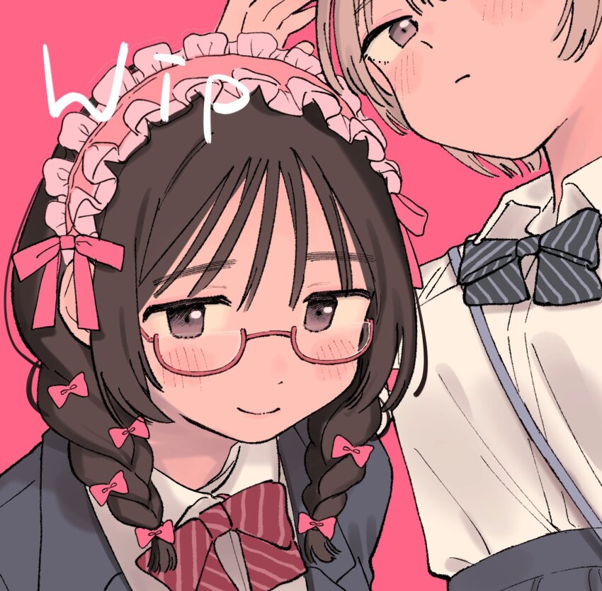 1girl black_eyes black_hair blush bow brown_eyes brown_hair closed_mouth frills glasses highres long_hair long_sleeves looking_at_viewer miyama_(kannsannn) original pink_background pink_bow smile striped_bow unfinished