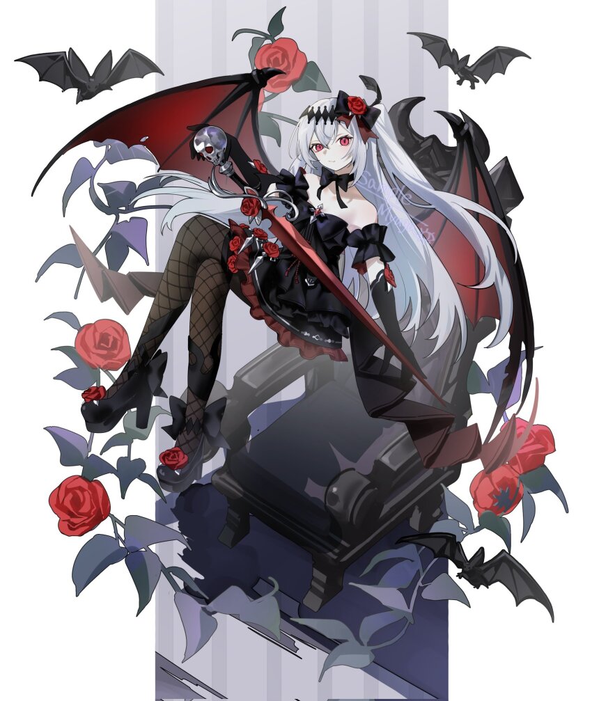 1girl artist_name bare_shoulders bat_(animal) bat_wings black_bow black_bowtie black_dress black_gloves bow bowtie breasts closed_mouth commentary_request commission demon_girl dress elbow_gloves fishnet_pantyhose fishnets flower footwear_flower frilled_dress frills full_body gloves hair_flower hair_ornament highres holding holding_weapon long_hair looking_at_viewer mare_(ac8231) myuga66666 naked_bowtie one_side_up original pantyhose red_eyes red_flower red_rose rose skeb_commission solo throne vampire weapon white_hair wings