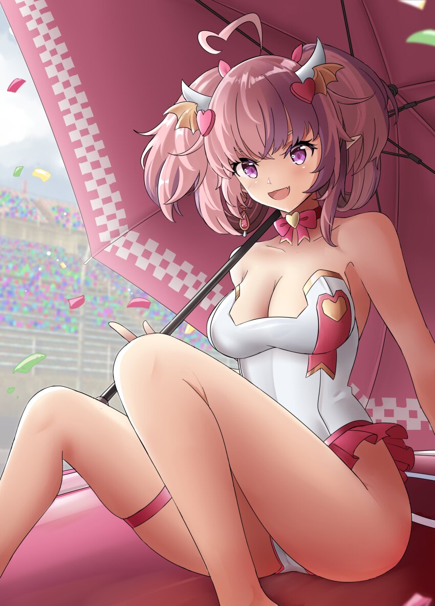 1girl absurdres bow bow_choker breasts choker cleavage demon_girl demon_horns demon_tail demon_wings earrings fang hair_ornament head_wings heart heart_hair_ornament highres holding holding_umbrella horns ironmouse ironmouse_(race_queen) jewelry large_breasts leotard long_hair looking_at_viewer multicolored_hair open_mouth pink_bow pink_choker pink_hair pointy_ears purple_eyes purple_hair race_queen single_earring skin_fang smile solo strapless strapless_leotard streaked_hair sudhiro_sappurisa tail thigh_strap two_side_up umbrella virtual_youtuber vshojo white_leotard wings