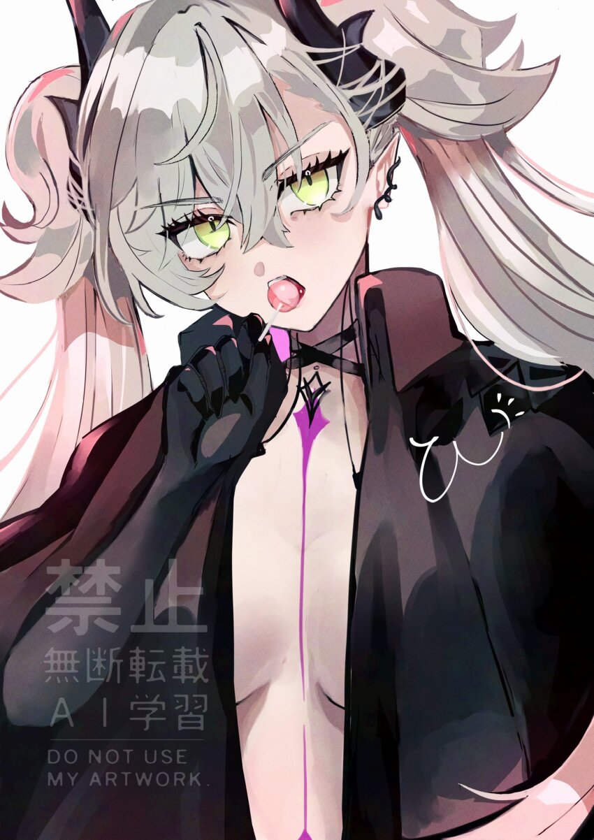 1girl black_hands black_jacket breasts candy colored_extremities fate/grand_order fate_(series) food green_eyes hand_up highres hirune07 holding holding_candy holding_food holding_lollipop horns jacket lilith_(fate) lollipop lollipop_in_mouth long_hair looking_at_viewer open_mouth solo twintails white_background white_hair