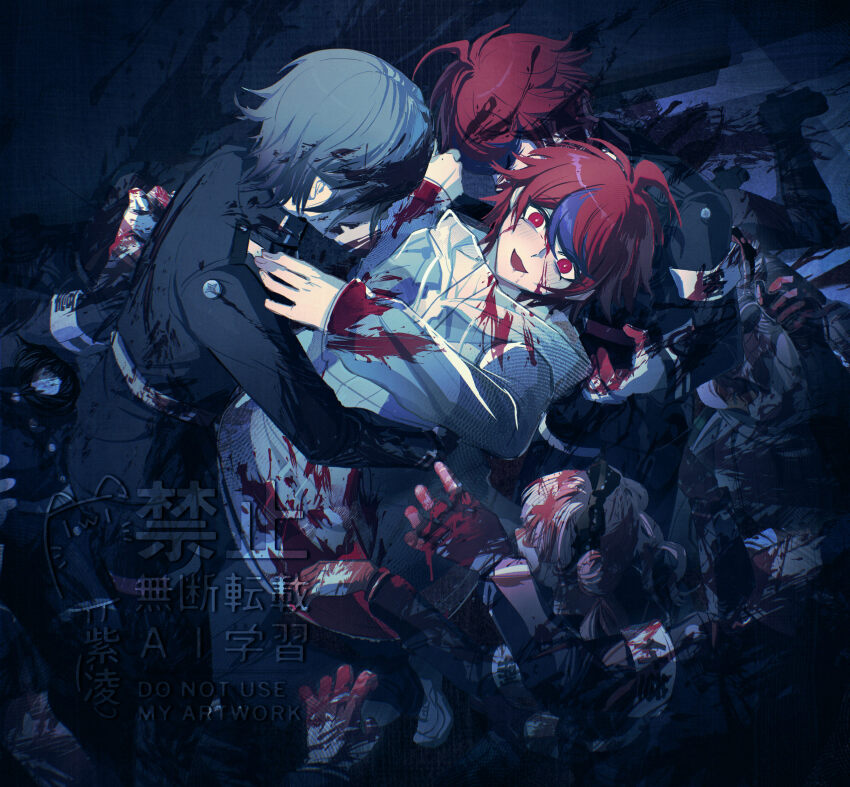 2girls 2others 4boys :d adversarial_noise ahoge aotsuki_eito arm_around_waist armband black_bow black_hairband black_jacket black_pants black_streaks blood blood_on_clothes blood_on_face blood_on_gloves blue_hair blue_jacket bow bright_pupils chinese_commentary commentary_request corpse double_bun dual_persona gakuran gloves grey_hair grey_jacket hair_bun hairband highres hood hoodie jacket jacket_over_hoodie kirifuji_nozomi last_defense_academy_school_uniform long_hair looking_at_viewer male_focus multicolored_hair multicolored_jacket multiple_boys multiple_girls multiple_others omokage_yugamu open_clothes open_jacket open_mouth out_of_frame pants pink_hair possessed reaching reaching_towards_another red_hair school_uniform short_hair smile spoilers streaked_hair sumino_takumi the_hundred_line_-last_defense_academy- tsukumo_kako twintails two-tone_jacket variant_set watermark white_armband white_gloves white_hoodie white_pupils ziling zombie