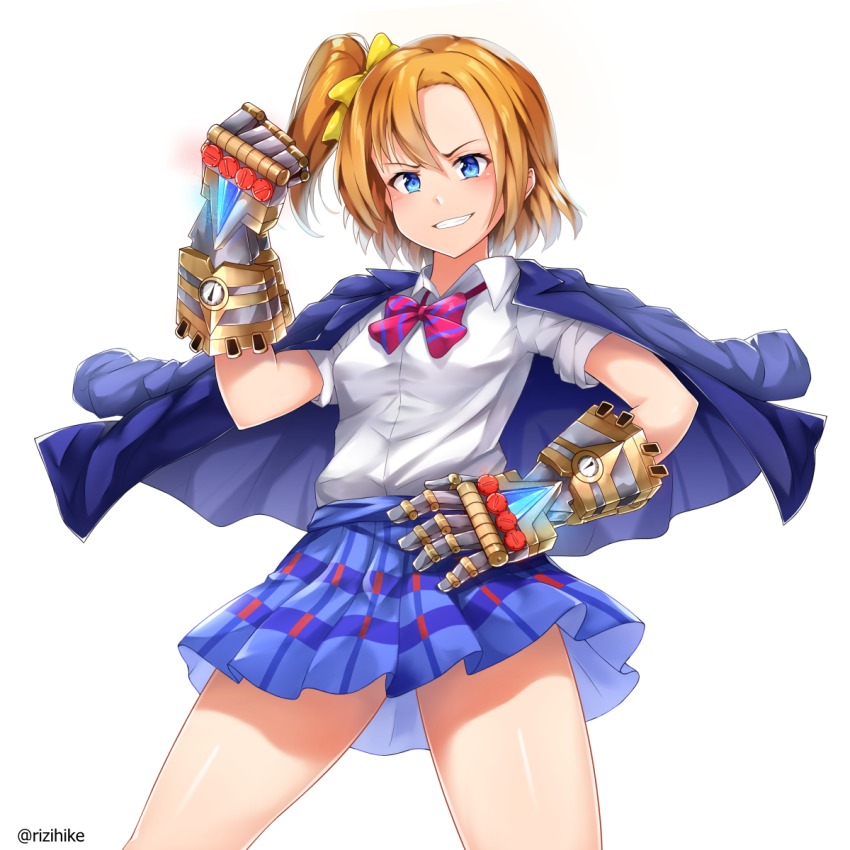 1girl blue_eyes blue_skirt bow bowtie breasts clenched_hand commentary commission crossover english_commentary female_focus forehead gauntlets grin hair_bow hand_on_own_hip highres jacket jacket_on_shoulders kosaka_honoka league_of_legends love_live! love_live!_school_idol_project medium_breasts one_side_up orange_hair pink_bow plaid_clothes plaid_skirt pleated_skirt rizihike skirt smile solo vi_(league_of_legends) watch white_background wristwatch yellow_bow
