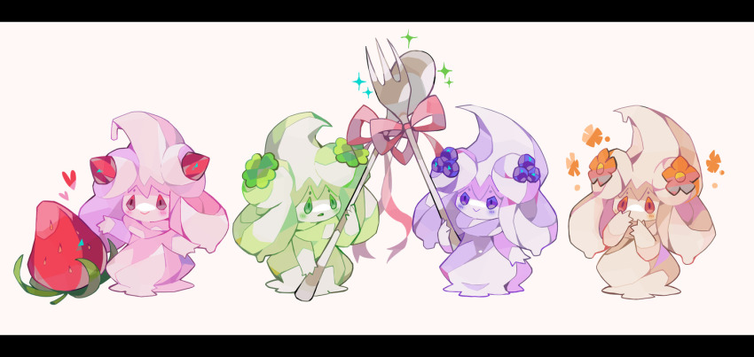 alcremie alcremie_(berry_sweet) alcremie_(clover_sweet) alcremie_(flower_sweet) alcremie_(mint_cream) alcremie_(ruby_cream) alcremie_(strawberry_sweet) alcremie_(vanilla_cream) blueberry creature flower food fork fruit full_body gen_8_pokemon heart holding holding_fork holding_spoon nintendo no_humans pokemon pokemon_(creature) same-no-kiba simple_background sparkle spoon strawberry white_background