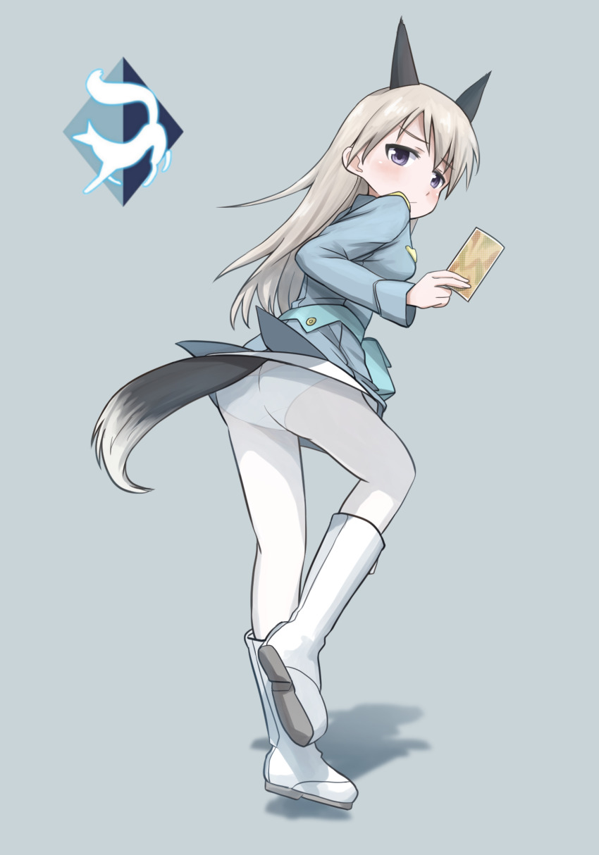 1girl animal_ears ass blue_eyes blue_jacket blush boots card closed_mouth commentary dog_ears dog_tail eila_ilmatar_juutilainen emblem from_behind frown full_body grey_background grey_hair highres holding holding_card jacket kk90 leaning_forward long_hair long_sleeves looking_at_viewer looking_back no_pants panties panties_under_pantyhose pantyhose shadow simple_background solo standing standing_on_one_leg strike_witches tail underwear white_boots white_pantyhose world_witches_series