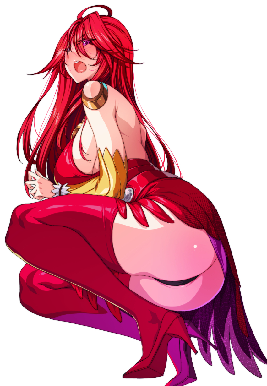 1girl ahoge ass backless_dress backless_outfit black_panties blush breasts commission commissioner_upload detached_sleeves douluo_dalu dress from_side full_body high_heels highres kneeling large_breasts long_hair ma_xiaotao_(douluo_dalu) non-web_source open_mouth panties pixiv_commission purple_eyes rantia red_hair sideboob squatting teeth underwear upper_teeth_only