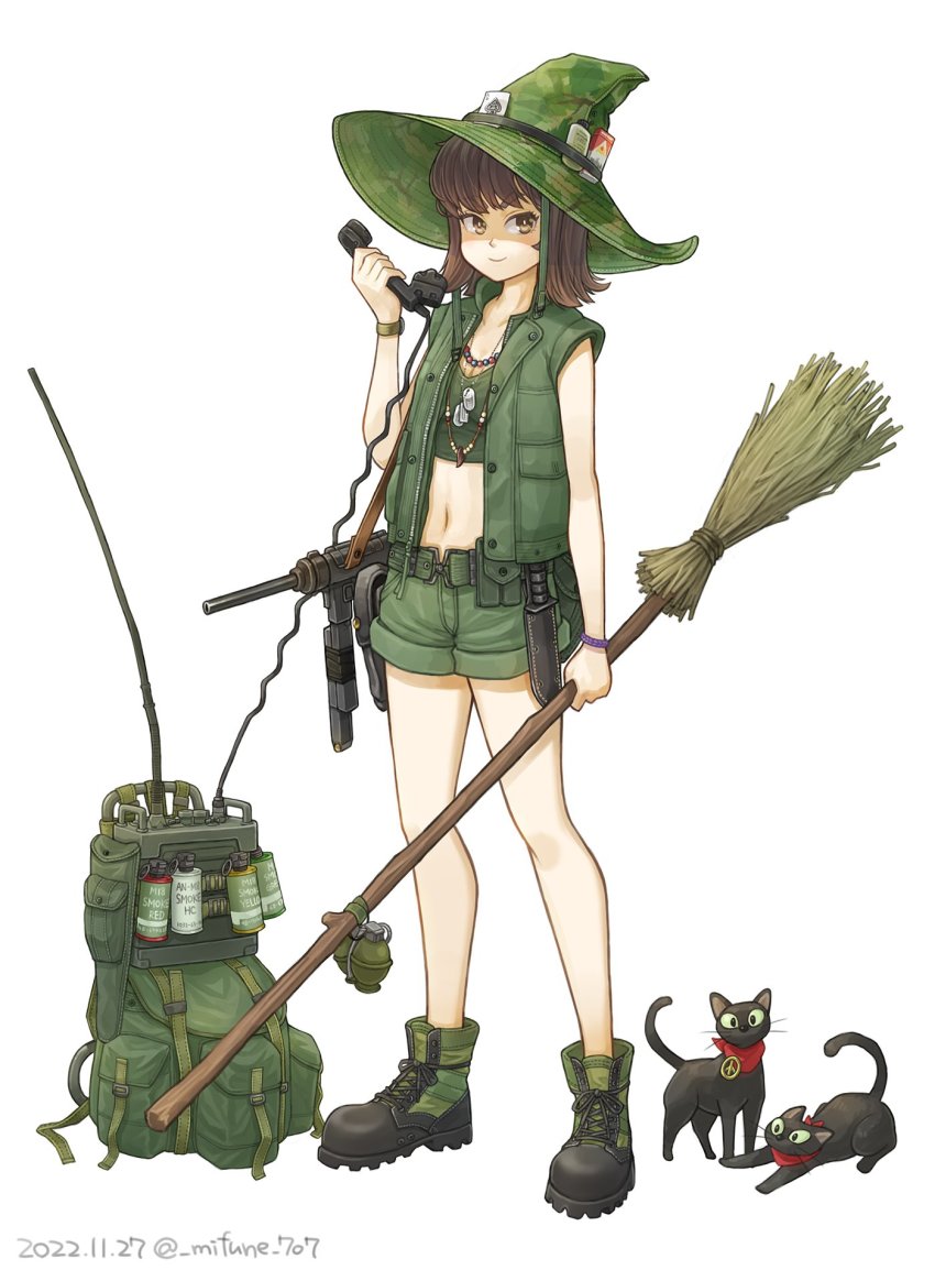1girl ace_(playing_card) ace_of_spades backpack bag black_boots boots broom brown_eyes brown_hair camouflage card cat cigarette_pack combat_boots combat_knife dated dog_tags english_text explosive green_boots green_hat green_jacket green_shirt green_shorts grenade gun gun_sling hat highres holding holding_broom jacket jewelry jungle_style knife m18_grenade m26_(frag_grenade) m3_submachine_gun midriff mifune_(_mifune_707) military military_uniform multicolored_boots necklace original playing_card product_placement radio shirt shorts smile smoke_grenade solo spade_(shape) submachine_gun thighs twitter_username two-tone_boots unworn_backpack unworn_bag vietnam_war weapon white_background witch
