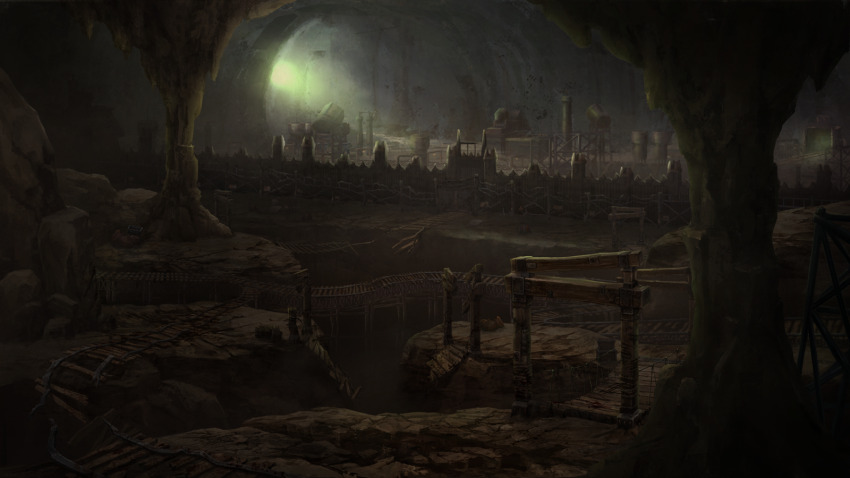 artist_request bridge building cave cave_interior fence highres in-universe_location no_humans official_art ragnarok_online railroad_tracks ruins stalactite stalagmite