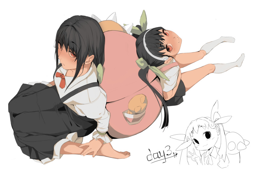 2girls aged_up barefoot blue_skirt blush breasts dual_persona hachikuji_mayoi hair_between_eyes hair_ornament hair_ribbon highres long_sleeves looking_at_viewer monogatari_(series) multiple_girls puffy_sleeves red_eyes ribbon ribbon-trimmed_collar ribbon_trim skirt smile socks solo taruneko time time_paradox white_socks wide_sleeves zoku_owarimonogatari