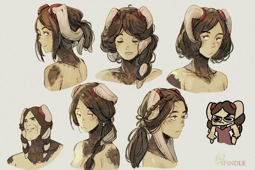 1girl :/ alternate_hairstyle animal_ears artist_name braid brown_fur brown_hair chibi collarbone commentary english_commentary fire_emblem fire_emblem_awakening gigachad_(meme) grey_background hair_bun highres meme multiple_views nintendo panne_(fire_emblem) parted_lips rabbit_ears self-upload short_hair side_braid simple_background smile spindle_(aidenr0) taguel