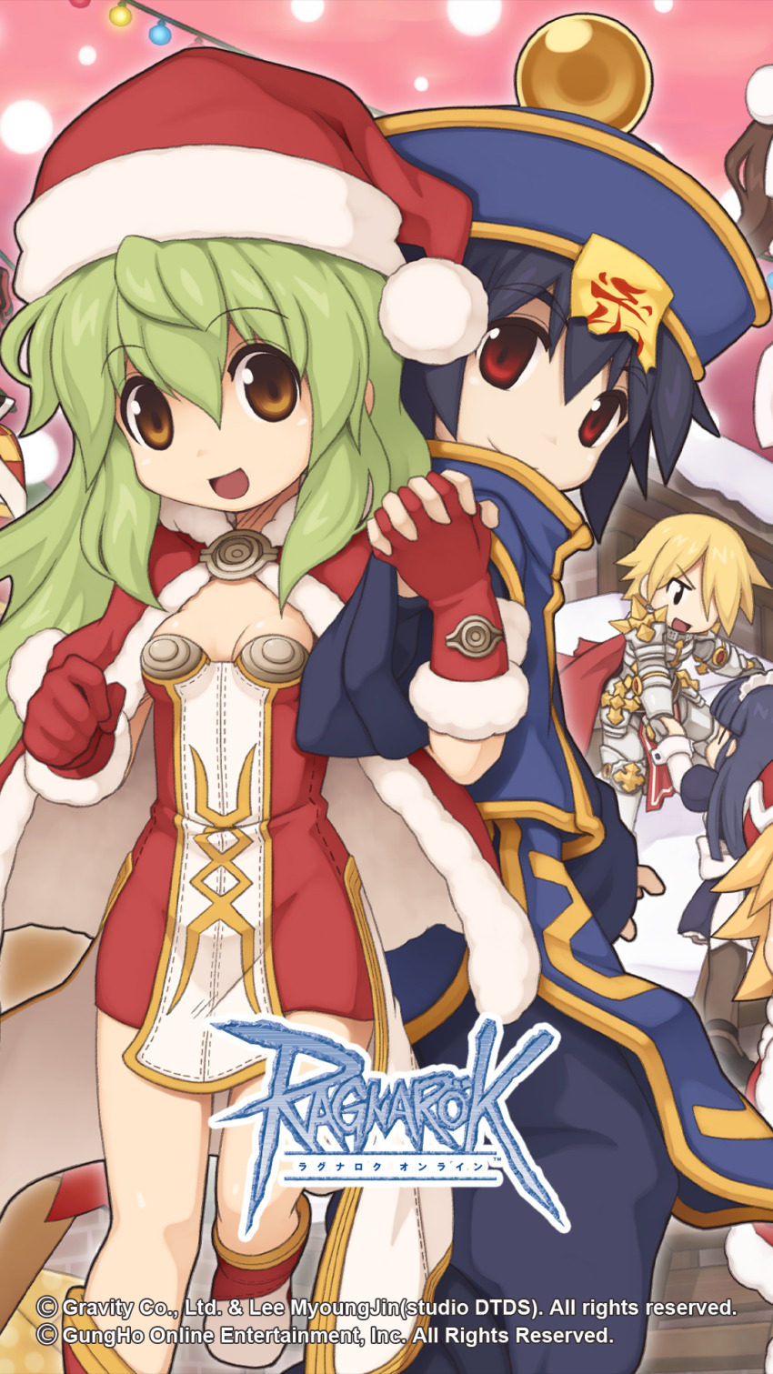 2boys 2girls :d alice_(ragnarok_online) alternate_color armored_boots black_eyes black_hair black_pants blonde_hair blue_hat bongun boots breasts brown_eyes cape christmas closed_mouth copyright_notice dress feet_out_of_frame foot_out_of_frame fur-trimmed_cape fur-trimmed_gloves fur_trim gauntlets gloves gold_trim green_hair hair_between_eyes hair_over_one_eye hat high_wizard_(ragnarok_online) highres holding_hands interlocked_fingers jiangshi layered_dress leg_armor logo long_hair looking_at_viewer maid multiple_boys multiple_girls official_art official_wallpaper open_mouth pants pom_pom_(clothes) qingdai_guanmao ragnarok_online red_cape red_dress red_eyes red_footwear red_gloves red_hat red_tabard rune_knight_(ragnarok_online) santa_hat short_dress short_hair small_breasts smile spiked_pauldrons tabard two-tone_dress two-tone_footwear white_dress white_footwear yuichirou |_|