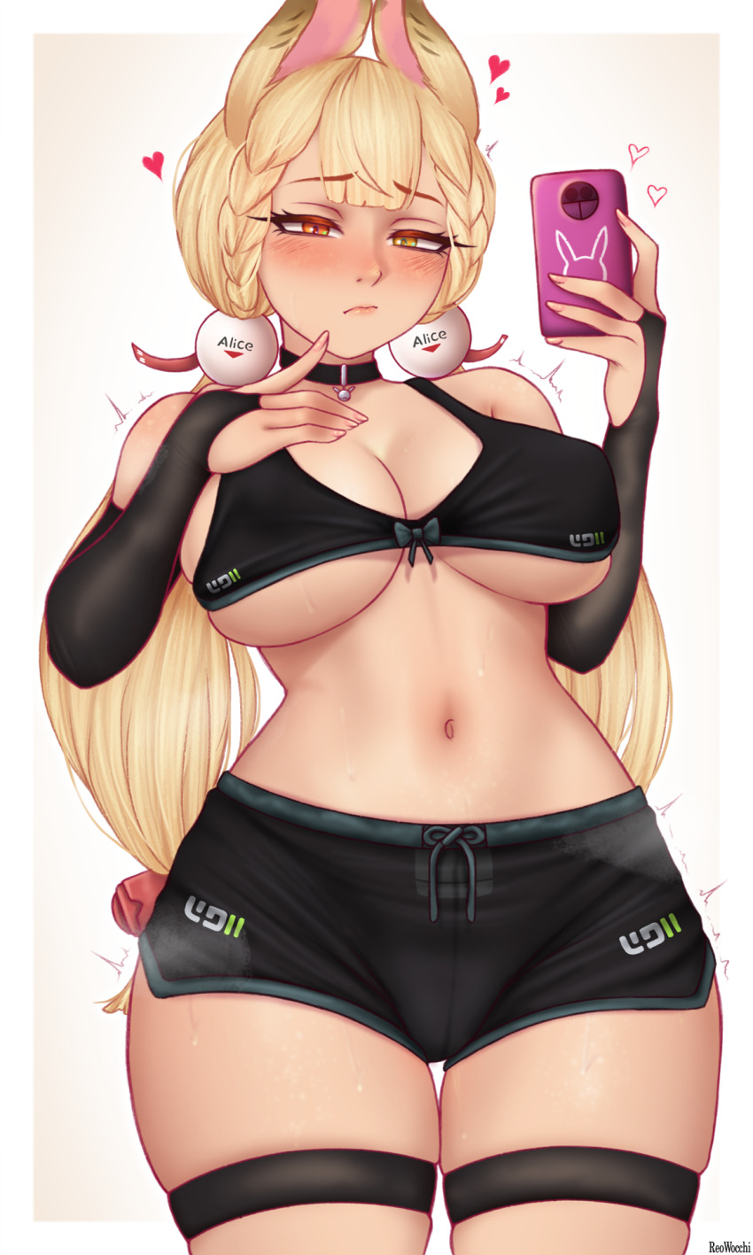 1girl alice_thymefield animal_ears black_shorts blonde_hair blush bra braid breasts cellphone embarrassed heterochromia highres holding holding_phone large_breasts long_hair low_twintails navel phone rabbit_ears rabbit_girl red_eyes reowocchi short_shorts shorts simple_background smartphone sphere_hair_ornament taking_picture thighs twintails underwear yellow_eyes zenless_zone_zero