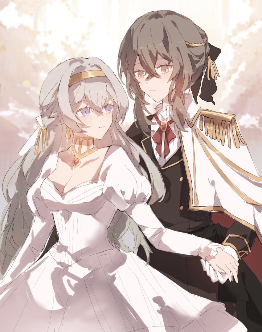 2girls blush breasts cleavage collared_shirt dress epaulettes firefly_(honkai:_star_rail) frilled_shirt_collar frills gradient_hair grey_hair hair_between_eyes hair_intakes hair_ornament hair_ribbon hairband hand_grab highres honkai:_star_rail honkai_(series) light_smile long_hair medium_breasts minutes_(minutes_draw) multicolored_hair multiple_girls neck_ribbon ribbon shirt single_epaulette stelle_(honkai:_star_rail) trailblazer_(honkai:_star_rail) white_dress white_shirt yellow_eyes yellow_hairband