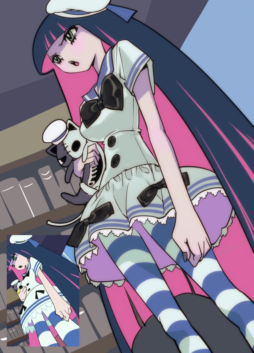 1girl anime_screenshot_inset aqua_eyes black_bow black_bowtie black_hair blue_sailor_collar blunt_bangs bow bowtie buttons colored_inner_hair cowboy_shot derivative_work domi_i dutch_angle hat highres holding holding_stuffed_toy honekoneko_(psg) indoors long_hair miniskirt multicolored_hair nail_polish open_mouth pale_skin panty_&amp;_stocking_with_garterbelt pantyhose pink_hair pleated_skirt red_nails sailor_collar sailor_hat screenshot_redraw shirt short_sleeves skirt solo standing stocking_(psg) straight_hair striped_clothes striped_pantyhose striped_skirt stuffed_animal stuffed_cat stuffed_toy two-tone_hair v-shaped_eyebrows white_hat white_shirt white_skirt