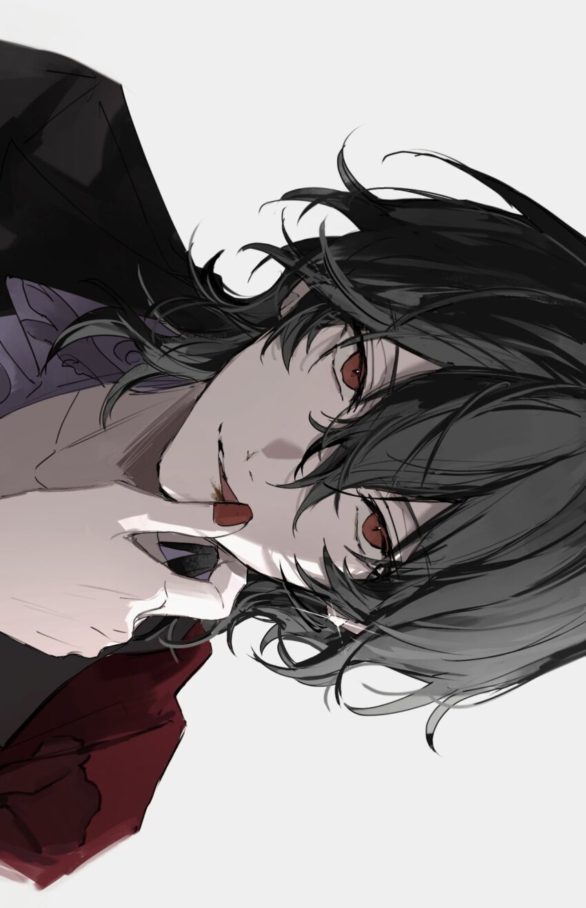 1boy :q bishounen black_hair ensemble_stars! hand_up highres jacket licking_own_finger looking_at_viewer male_focus nail_polish nostrils nozz177 open_clothes open_jacket parted_lips portrait red_eyes red_nails sakuma_rei_(ensemble_stars!) sidelighting sideways simple_background solo straight-on thumb_to_mouth tongue tongue_out white_background