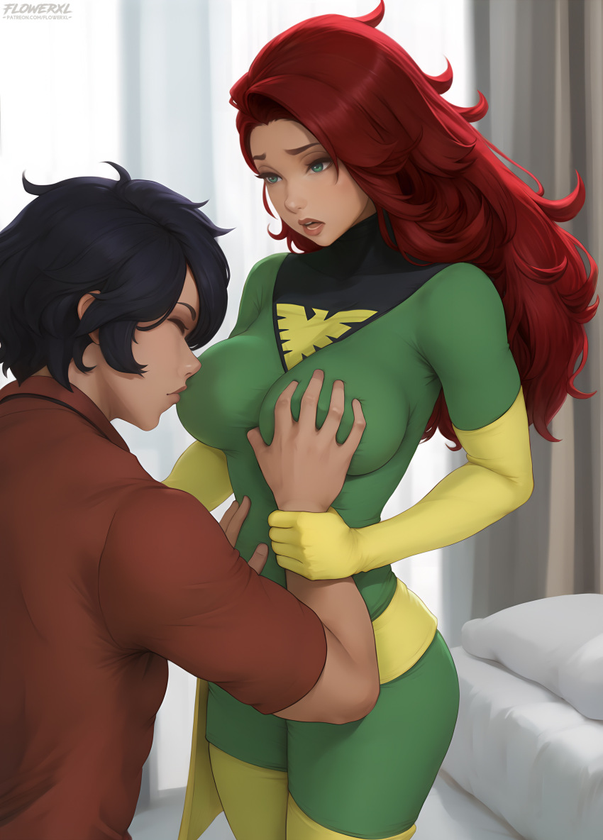 1boy 1girl absurdres bedroom bodysuit breasts commission commissioner_upload emblem flowerxl grabbing_another&#039;s_breast green_bodysuit green_eyes groping groping_breast hetero highres jean_grey kiss kissing_breast long_hair marvel medium_breasts moaning open_mouth phoenix_(x-men) red_hair sash skin_tight skin_tight_clothing thighhighs x-men