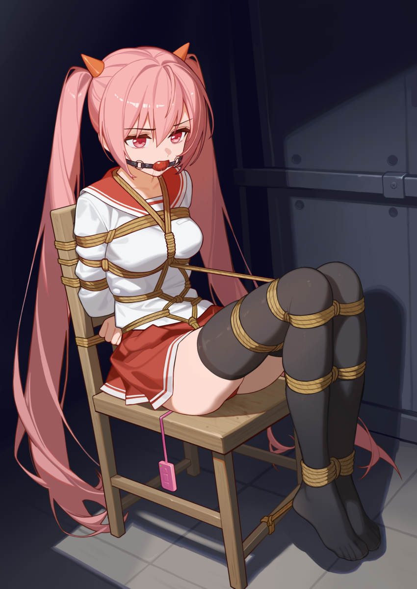 1girl absurdres ball_gag bdsm black_thighhighs blindfold bondage bound bound_arms bound_legs breasts crotch_rope egg_vibrator gag gagged hidan_no_aria highres horns kanzaki_h._aria long_hair looking_to_the_side mirrorya on_chair pink_hair pleated_skirt red_eyes red_skirt restrained sailor sailor_collar school_uniform sex_toy shibari skirt small_breasts thighhighs twintails very_long_hair vibrator zettai_ryouiki