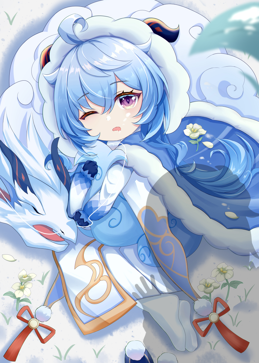 2girls absurdres aged_down ahoge blue_gloves blue_hair cape chinese_commentary commentary_request day flower fur-trimmed_cape fur_trim ganyu_(genshin_impact) ganyu_(young)_(genshin_impact) genshin_impact gloves goat_horns hair_between_eyes highres horns long_hair long_sleeves looking_at_viewer lumine_(genshin_impact) multiple_girls one_eye_closed open_mouth out_of_frame outdoors pom_pom_(clothes) purple_eyes qilin_(mythology) qingxin_flower shadow snow solo_focus tassel very_long_hair white_flower zhui_ming_ying_xue