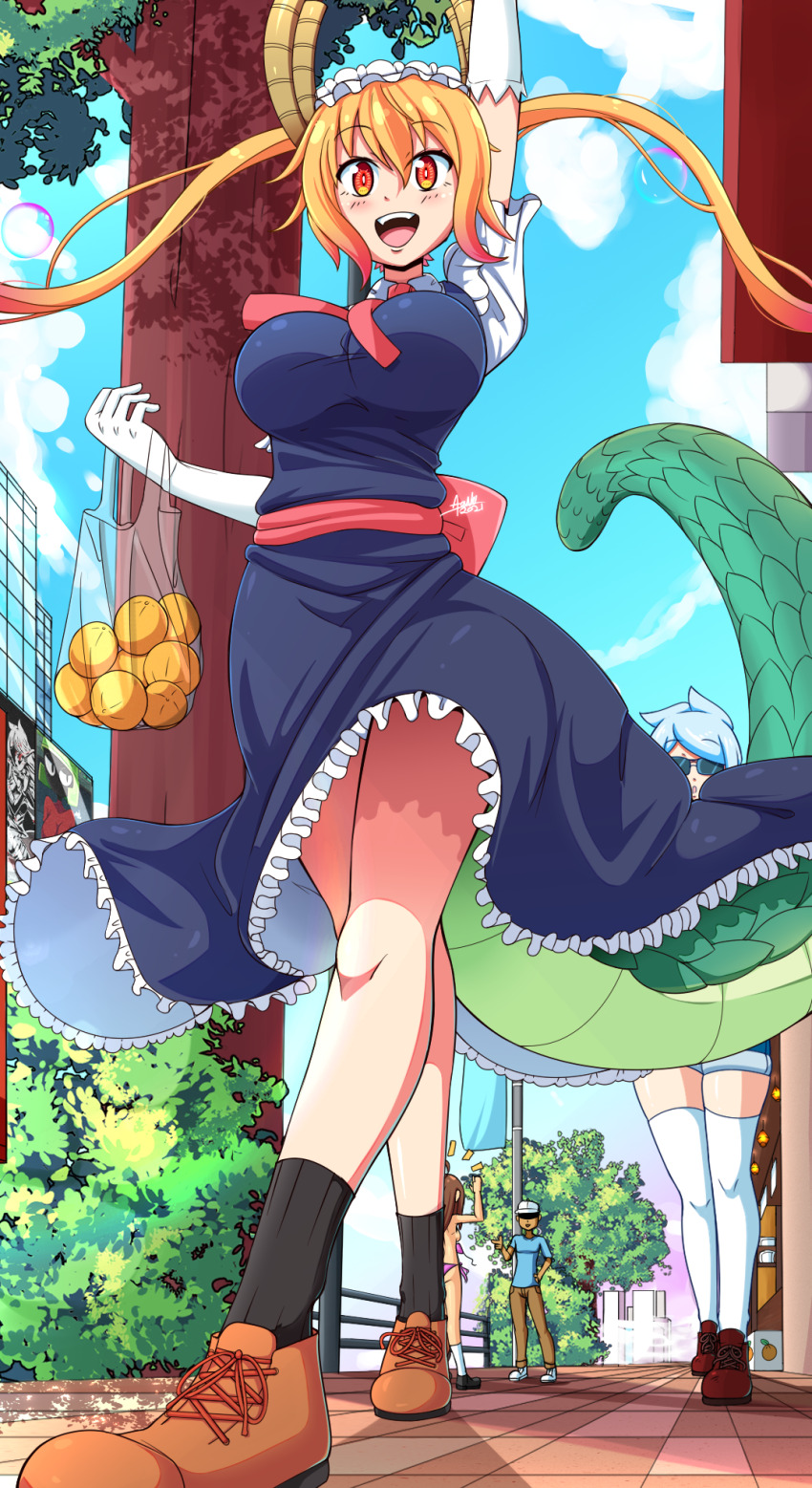 1boy 3girls aonoexorcist100 art_trade bag bikini black_socks blonde_hair blue_shirt breasts brown_hair brown_pants brown_shoes character_request dragon_girl dragon_tail elbow_gloves food fruit gloves hat highres kobayashi-san_chi_no_maidragon large_breasts long_hair maid multiple_girls necktie orange_eyes pants puffy_short_sleeves puffy_sleeves purple_bikini red_necktie shadow shirt shoes short_hair short_sleeves socks solo_focus swimsuit tail thighhighs tohru_(maidragon) topless_female twintails walking white_gloves white_hair white_hat white_thighhighs