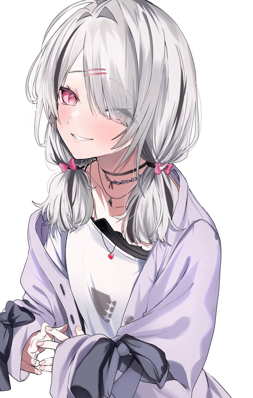 1girl absurdres asumi_sena asumi_sena_(5th_costume) cardigan cattleya_regina_games dow_suitable hair_intakes hair_over_one_eye highres low_twintails multicolored_hair multiple_necklaces open_cardigan open_clothes pink_eyes purple_cardigan shirt simple_background single_off_shoulder smile solo steepled_fingers streaked_hair twintails upper_body virtual_youtuber vspo! white_background white_hair white_shirt
