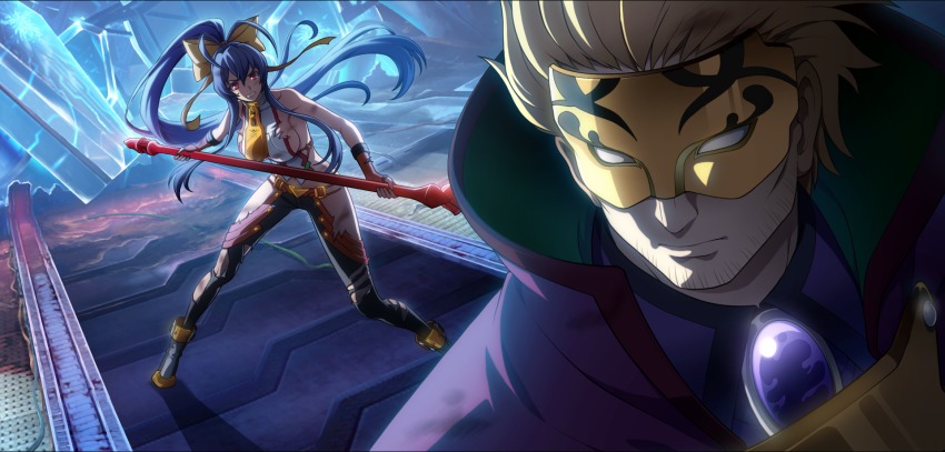 1boy 1girl antenna_hair backless_outfit bare_shoulders black_pants blazblue blazblue:_central_fiction blonde_hair blue_hair bow breasts bruise facial_hair fingerless_gloves game_cg genderswap genderswap_(mtf) gloves hair_between_eyes hair_bow halterneck highres holding holding_weapon injury large_breasts long_hair lowleg lowleg_pants mai_natsume mask midriff no_bra official_art outseal pants polearm ponytail red_eyes relius_clover revealing_clothes ribbon sideboob sidelocks spear stubble torn_clothes very_long_hair weapon yellow_bow