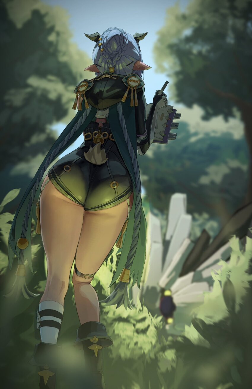 1girl 1other accessories animal_ears ass bell black_horns black_unitard blue_hair blue_sky blurry blurry_background blurry_foreground book boots braid commentary_request ethereal_(zenless_zone_zero) forest from_behind goat_ears goat_girl goat_horns goat_tail grass green_boots highres holding holding_book holding_pen hood horns long_hair lucia_elowen medallion nature outdoors pen pointy_ears sky tail tree tsubakuro31 twin_braids writing zenless_zone_zero
