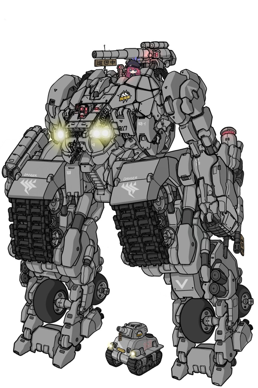 1girl absurdres arm_cannon arms_at_sides assault_visor autocannon blue_archive blue_halo cannon caterpillar_tracks chibi closed_mouth di-cokka flashlight fluffy_hair gatling_gun gehenna_academy_logo glowing grey_eyes gun halo hat highres hrna iroha_(blue_archive) joints machinery mecha mecha_focus mechanical_hands mechanical_legs metal_slug military_hat military_vehicle motor_vehicle necktie on_tank optical_sight peaked_cap radio_antenna red_hair red_necktie redesign robot robot_joints science_fiction shoulder_cannon solo standing tank translated v-shaped_eyebrows weapon wheel
