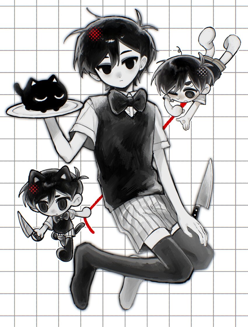 2boys :&lt; @_@ animal_ears antenna_hair black_bow black_bowtie black_cat black_eyes black_hair black_socks black_thighhighs black_vest bow bowtie brown_shorts cat cat_boy cat_ears cat_tail chibi chibi_inset closed_mouth collared_shirt colored_skin double-parted_bangs dual_persona empty_eyes expressionless full_body grid_background hair_between_eyes hand_on_own_leg hand_up highres holding holding_knife holding_plate holding_rope kitchen_knife knee_up knife looking_at_viewer male_focus mewo multiple_boys omori omori_(omori) one_eye_closed open_mouth outstretched_arm plate pulling red_rope rope rou_(h_s_sinrin) running shirt short_hair short_sleeves shorts slit_pupils socks spot_color striped_clothes striped_shorts sunny_(omori) sweatdrop sweater_vest tail thighhighs vertical-striped_clothes vertical-striped_shorts vest white_background white_shirt white_shorts white_skin white_socks