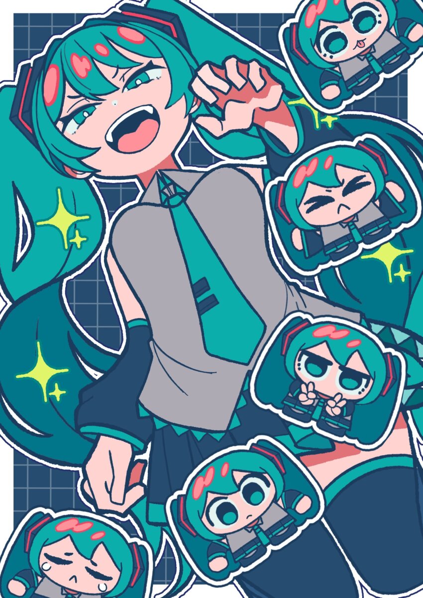 1girl aqua_eyes aqua_hair aqua_necktie bare_shoulders black_boots black_skirt boots border chibi detached_sleeves fyrvwyhrdgjlfka grey_shirt grid_background grin hatsune_miku highres long_hair looking_at_viewer miku_day multiple_views necktie open_mouth outside_border pleated_skirt shirt skirt sleeveless sleeveless_shirt smile teeth thigh_boots tongue twintails upper_teeth_only vocaloid white_border