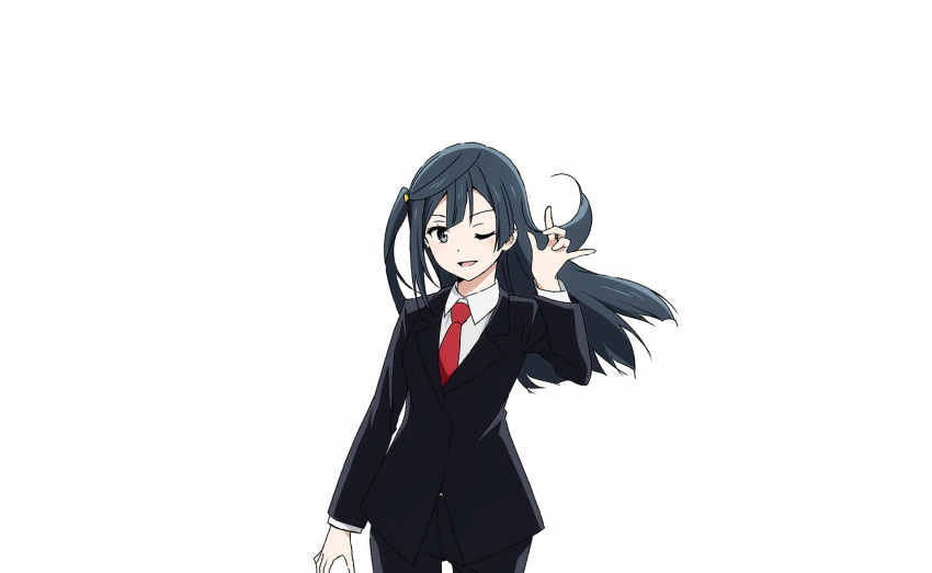 1girl \m/ black_hair black_suit blunt_bangs blush business_suit collared_shirt cowboy_shot formal_clothes grey_eyes hair_bun hair_ornament hand_up highres long_hair long_sleeves looking_at_viewer love_live! love_live!_nijigasaki_high_school_idol_club love_live!_school_idol_festival_2 necktie official_art one_eye_closed one_side_up open_mouth red_necktie shirt sidelocks single_side_bun smile solo suit transparent_background triangle_hair_ornament white_shirt yuki_setsuna