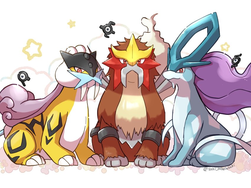 artist_name claws closed_mouth commentary_request entei fangs full_body game_freak gen_2_pokemon highres legendary_pokemon looking_at_viewer nintendo no_humans pokemon pokemon_(creature) raikou red_eyes saki_pokeoekaki simple_background sitting star_(symbol) suicune twitter_username unown unown_e unown_r unown_s white_background