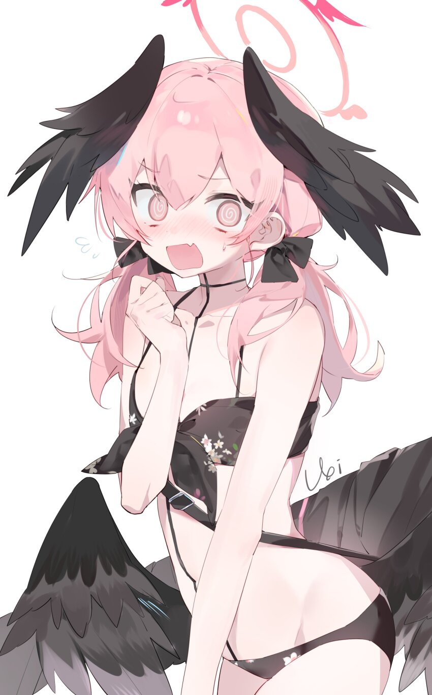 1girl @_@ absurdres artist_name asphyxia17 bikini black_bikini black_bow black_wings blue_archive blush bow breasts cowboy_shot double-parted_bangs fang feathered_wings floral_print flying_sweatdrops front-tie_bikini_top front-tie_top hair_between_eyes hair_bow hair_over_shoulder halo head_wings highres koharu_(blue_archive) koharu_(swimsuit)_(blue_archive) long_hair looking_at_viewer low_twintails low_wings navel nose_blush official_alternate_costume open_mouth pink_eyes pink_hair pink_halo print_bikini simple_background skin_fang small_breasts solo spaghetti_strap swimsuit twintails white_background wings