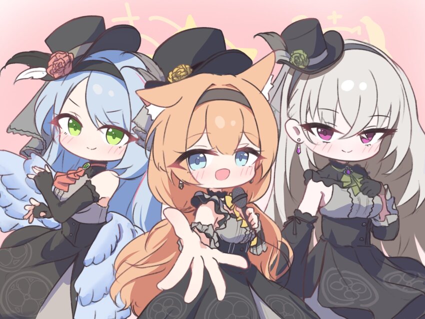 3girls animal_ear_fluff animal_ears black_dress black_headband blue_archive blue_eyes blue_hair blue_wings cat_ears dress flower frilled_dress frills green_eyes grey_hair halo hand_on_own_chest hat hat_flower headband highres holding holding_microphone idol karupa_(karupapon) long_hair looking_at_viewer mari_(blue_archive) mari_(idol)_(blue_archive) microphone mine_(blue_archive) mine_(idol)_(blue_archive) multiple_girls official_alternate_costume orange_hair pink_background purple_eyes reaching reaching_towards_viewer red_flower sakurako_(blue_archive) sakurako_(idol)_(blue_archive) shirt sleeveless top_hat twintails wings yellow_flower yellow_halo