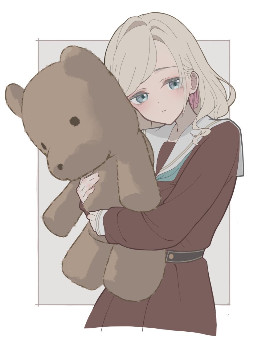 1girl aqua_neckerchief blue_eyes blush border brown_dress ceras_yanagida_lilienfeld closed_mouth commentary cowboy_shot cropped_legs dress eyebrows_hidden_by_hair frown grey_background grey_hair hair_intakes hair_ribbon hashtag-only_commentary hasu_no_sora_school_uniform highres hugging_doll hugging_object kyutyu_(imouto_wa_immortal) link!_like!_love_live! long_hair long_sleeves love_live! neckerchief outside_border pink_ribbon pleated_dress ribbon sailor_collar sailor_dress school_uniform simple_background solo split_mouth stuffed_animal stuffed_toy swept_bangs teddy_bear virtual_youtuber wavy_hair white_border white_sailor_collar winter_uniform