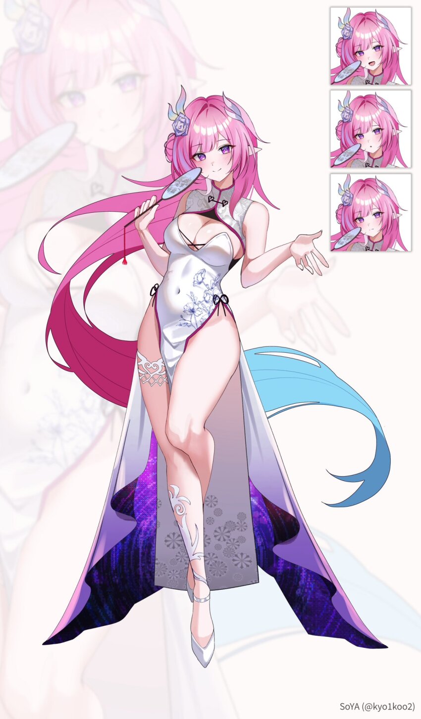 1girl alternate_costume breasts china_dress chinese_clothes cleavage commentary cyrene_(honkai:_star_rail) cyrene_(ripples_of_past_reverie)_(honkai:_star_rail) diamond-shaped_pupils diamond_(shape) dress flower full_body grey_dress hair_flower hair_ornament high_heels highres honkai:_star_rail honkai_(series) kyoi_(kyo1koo2) large_breasts logo long_hair looking_at_viewer multiple_expressions pink_hair pointy_ears purple_eyes simple_background smile solo standing standing_on_one_leg symbol-shaped_pupils twitter_username very_long_hair white_background zoom_layer