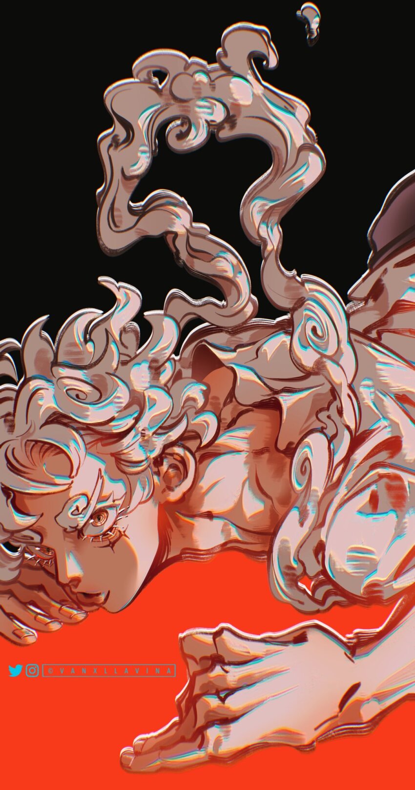 1boy back black_background close-up colored_eyelashes commentary hagoromo highres instagram_username looking_at_viewer lying male_focus monkey_d._luffy one_piece scar scar_on_face shawl shirt short_hair solo thick_eyebrows twitter_username vanxllavina white_eyelashes white_hair white_shirt