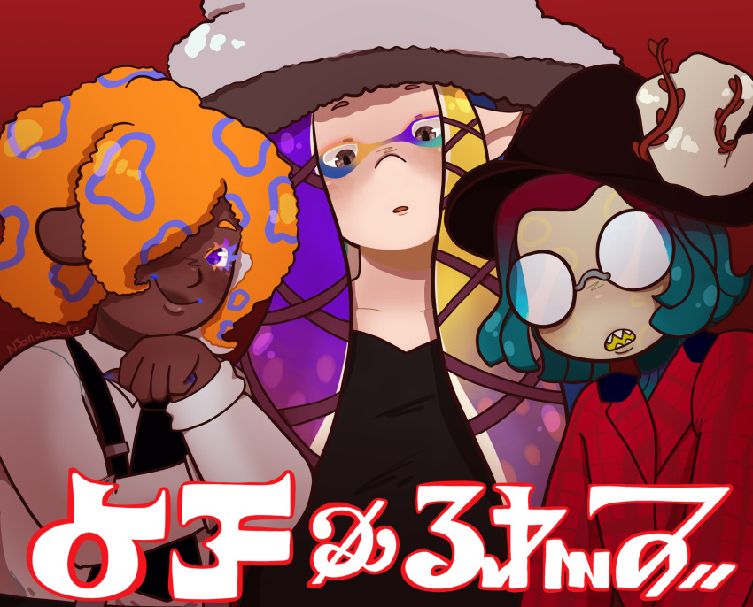 3girls aqua_hair black_hat blonde_hair collared_shirt colored_eyelashes gradient_background grey_hat hat hat_ornament highres long_sleeves looking_at_viewer multicolored_hair multiple_girls n3onarcades nintendo no_eyes open_mouth orange_hair patterned_hair pointy_ears purple_eyes purple_hair red_background red_hair sharp_teeth shirt splatoon_(series) splatoon_3 tao_blu teeth tentacle_hair tosh_(splatoon) white_shirt yoko_(splatoon)
