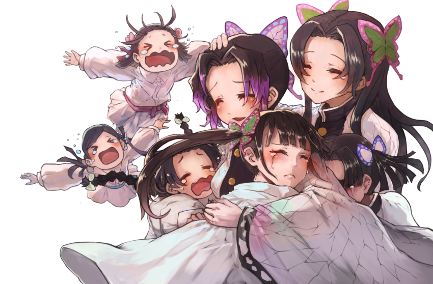 &gt;_&lt; 6+girls :d :o animal_print black_hair black_shirt blunt_bangs blush braid brown_hair butterfly_hair_ornament butterfly_print cape closed_eyes closed_mouth commentary crying dress gradient_hair group_hug hair_intakes hair_ornament hand_on_another&#039;s_head haori happy_tears hug ico6 jacket japanese_clothes jumping kanzaki_aoi_(kimetsu_no_yaiba) kimetsu_no_yaiba kochou_kanae kochou_shinobu long_hair long_sleeves low_twintails medium_hair multicolored_hair multiple_girls nakahara_sumi open_mouth parted_bangs print_jacket puffy_long_sleeves puffy_sleeves sad shirt short_hair siblings side_ponytail simple_background sisters smile takada_naho tears terauchi_kiyo tsuyuri_kanao twin_braids twintails wavy_mouth white_background white_cape white_dress