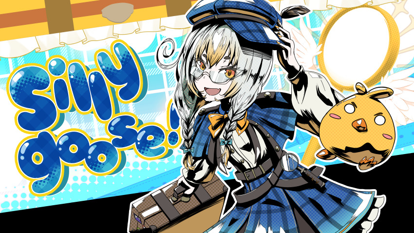 1girl absurdres belt blonde_hair blue_bow blue_capelet blue_hat blue_skirt blush_stickers bow bowtie braid briefcase capelet colored_tips deerstalker frilled_skirt frills glasses hair_bow hat highres holding holding_briefcase indie_virtual_youtuber kamogumi_(kanna_yanagi) kanna_yanagi kennymuseum long_hair magnifying_glass multicolored_hair open_mouth plaid_capelet plaid_clothes plaid_skirt second-party_source semi-rimless_eyewear shirt skirt twin_braids virtual_youtuber white_hair white_shirt yellow_bow yellow_bowtie yellow_eyes yellow_nails