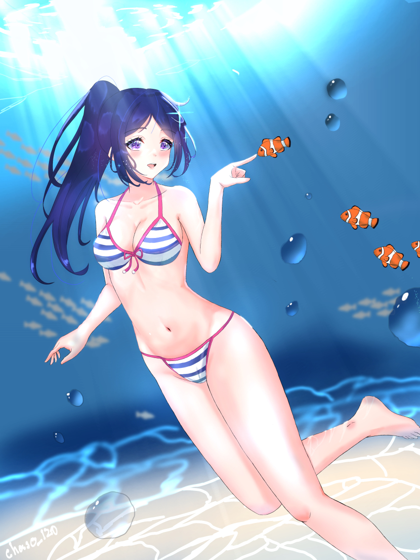 1girl absurdres afloat artist_name artist_request bare_legs bare_shoulders barefoot bikini blue_bikini blue_hair blush breasts bubble cleavage collarbone feet feet_out_of_frame female_focus fish front-tie_bikini_top front-tie_top hair_between_eyes high_ponytail highres long_hair looking_at_viewer love_live! love_live!_school_idol_festival love_live!_sunshine!! matsuura_kanan medium_breasts nail_(hardware) nail_polish ocean parted_lips pink_nails ponytail purple_eyes seafloor side-tie_bikini_bottom smile solo sparkle string_bikini striped_bikini striped_bikini_top striped_clothes sunlight swimsuit thighs toes underwater white_bikini