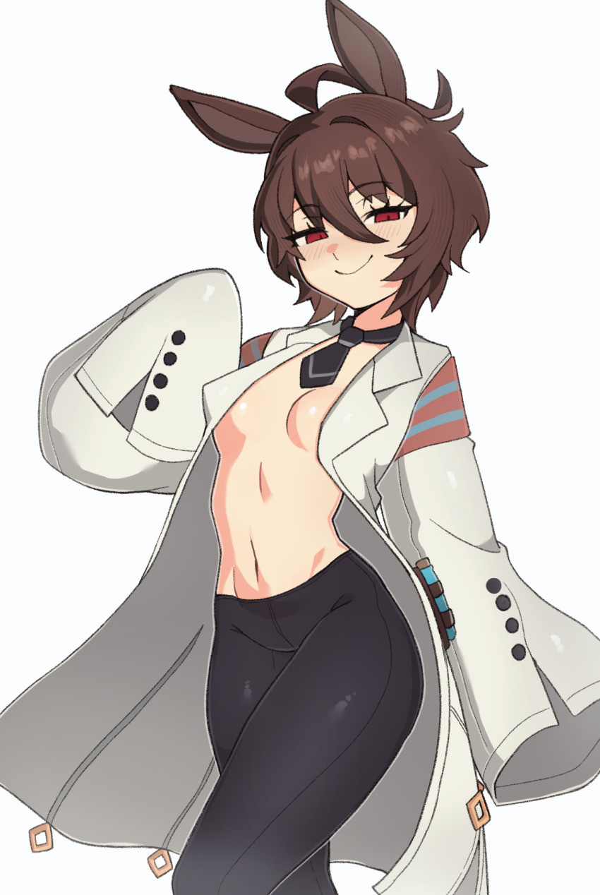 1girl adapted_costume agnes_tachyon_(tach-nology)_(umamusume) agnes_tachyon_(umamusume) ahoge animal_ears black_necktie black_pants breasts brown_hair coat hair_between_eyes half-closed_eyes highres horse_ears horse_girl looking_at_viewer navel necktie no_bra no_shirt oniyanna open_clothes open_coat pants red_eyes short_hair short_necktie simple_background sleeves_past_fingers sleeves_past_wrists small_breasts smile solo test_tube umamusume very_long_sleeves white_background white_coat