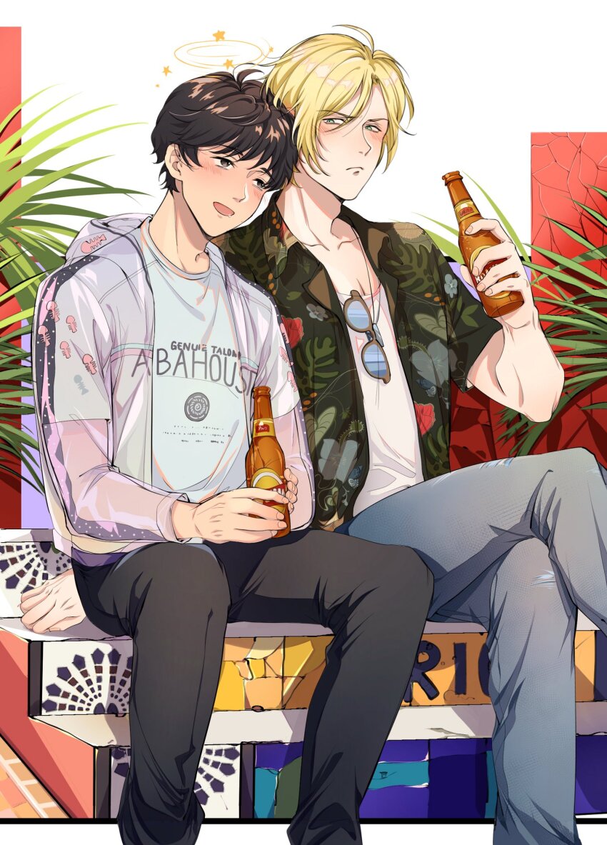 2boys ash_lynx banana_fish bishounen black_pants blonde_hair blush bottle brown_eyes brown_hair couple crossed_legs denim feet_out_of_frame green_eyes green_shirt hawaiian_shirt highres holding holding_bottle jacket jeans jewelry looking_at_another male_focus multiple_boys necklace okumura_eiji open_clothes open_jacket open_mouth pants plant print_shirt see-through_clothes see-through_jacket shirt short_hair side-by-side sitting sitting_on_stairs stairs tipsy unworn_eyewear vidave1 white_shirt yaoi