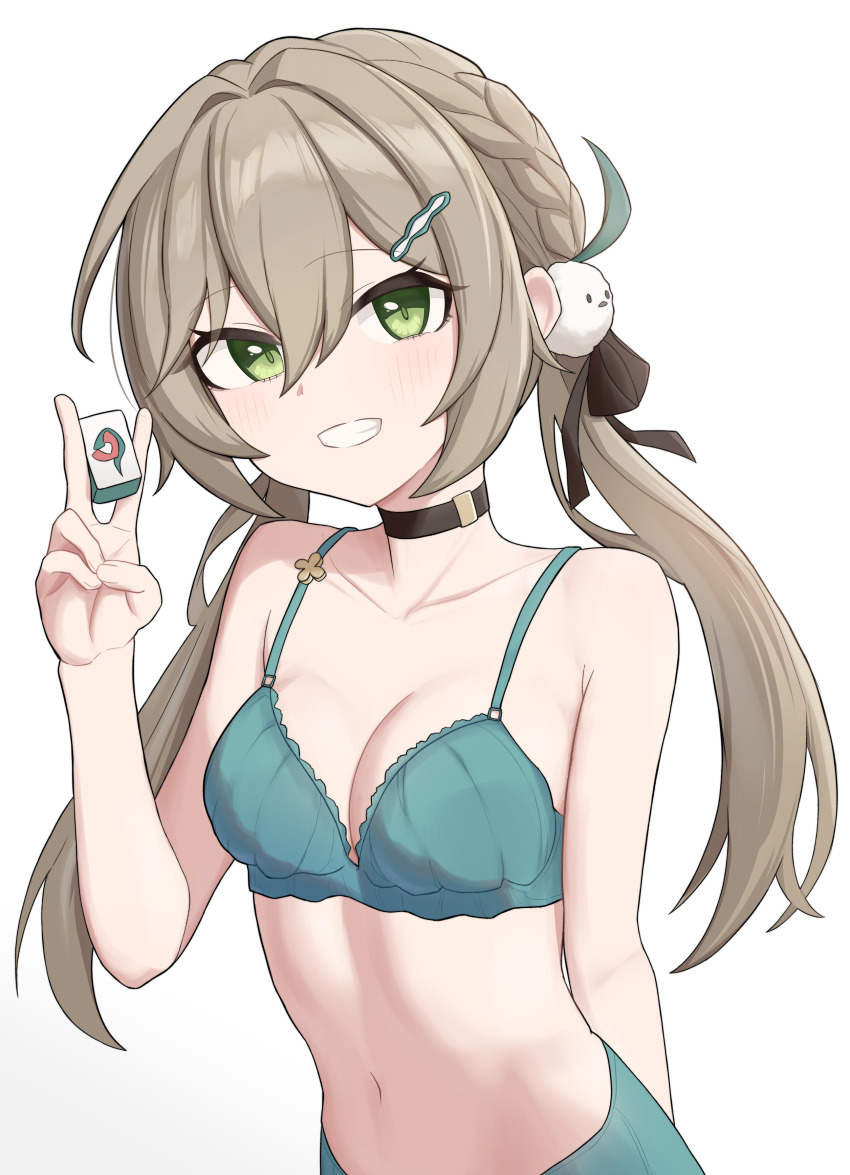 1girl absurdres aqua_bra arm_behind_back baksangmin bare_arms bare_shoulders black_choker black_ribbon blonde_hair bra braid breasts choker cleavage collarbone green_eyes grin hair_between_eyes hair_ornament hair_ribbon hairclip hand_up highres holding holding_mahjong_tile honkai:_star_rail honkai_(series) long_hair looking_at_viewer low_twintails mahjong mahjong_tile medium_breasts navel no_shirt qingque_(honkai:_star_rail) ribbon simple_background smile solo twintails underwear upper_body v white_background